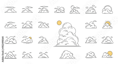 Collection of hand-drawn cloud icons showing different weather conditions with sun and overcast skies for meteorological illustrations.