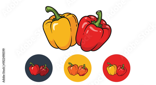 Fresh yellow and red bell peppers shown with stylized icon versions in colorful circles for culinary and healthy eating concepts.
