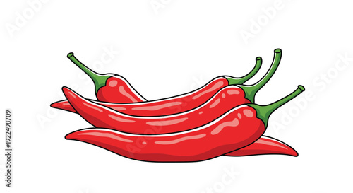 Group of spicy red chili peppers with green stems shown as a bunch for hot seasoning and culinary cooking ingredients.