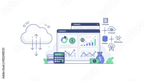 Illustration of a computer screen with graphs and charts surrounded by business and finance icons in a blue and green color scheme on a white background.