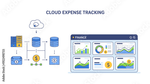 Infographic illustration of cloud expense tracking with financial graphs and data flow against a clean white background.