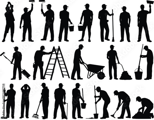 Worker silhouettes, construction and cleaning illustration, maintenance tools art, ladder and bucket design, occupational diversity concept, workforce representation