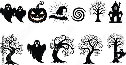 Whimsical Halloween black and white illustrations featuring ghosts, haunted house, jack‑o’‑lantern, witch hat, spooky trees, and hypnotic swirl designs for seasonal festive decoration art