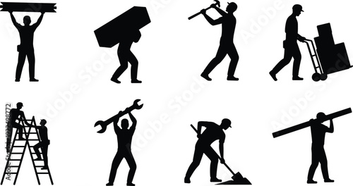 Silhouette workers performing diverse manual labor tasks including construction, maintenance, lifting, shoveling, teamwork, hammering, carrying, pushing, and digging