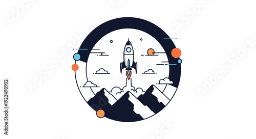 Creative illustration of a rocket ship launching from snowy mountains into space within a dark circular border for startup themes.