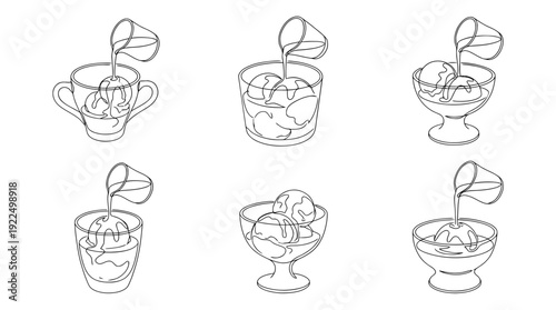 affogato, 6 black delicate line drawings vector set collection , white background , PNG and SVG