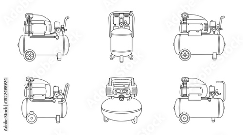 air compressor, 6 black delicate line drawings vector set collection , white background , PNG and SVG