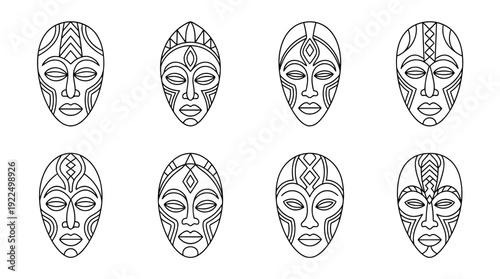 african mask, 6 black delicate line drawings vector set collection , white background , PNG and SVG