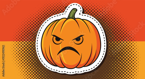Grumpy orange pumpkin character sticker with an angry expression and a bold dark outline for halloween and seasonal themes.