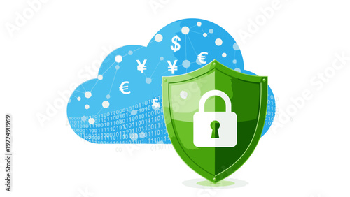 Flat design illustration of a green shield with a white padlock in front of a blue cloud with coding symbols on a white background.