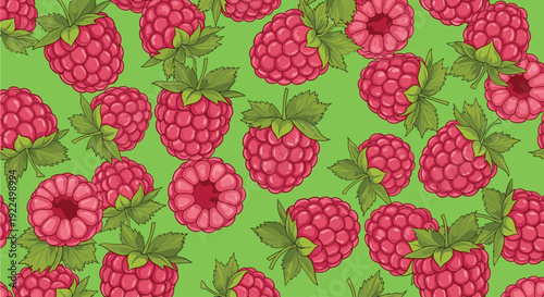 Seamless pattern of ripe raspberries with green leaves on a bright green background for fruit and berry themed textile designs.