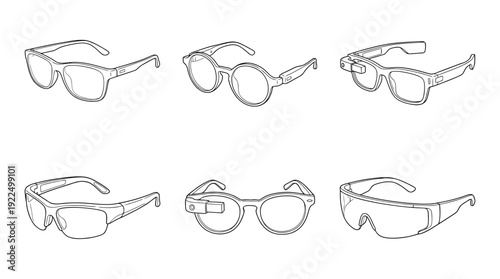 augmented reality glasses, 6 black delicate line drawings vector set collection , white background , PNG and SVG