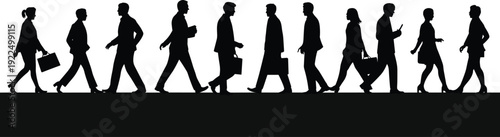 Business people silhouettes walking in line representing workforce commute corporate lifestyle teamwork urban concept