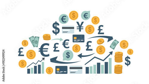 Flat lay of various international currency symbols and coins arranged with financial graphs on a white background.