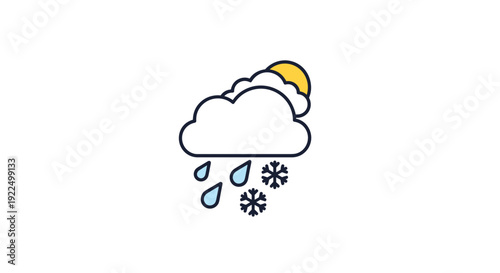 Weather forecast icon showing a sun behind a cloud with raindrops and snowflakes for mixed weather and season changes.