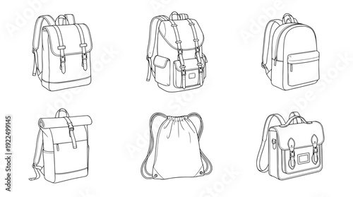 backpack, 6 black delicate line drawings vector set collection , white background , PNG and SVG