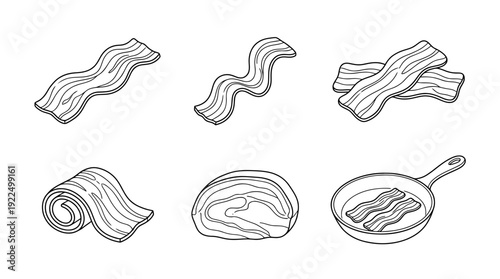 bacon, 6 black delicate line drawings vector set collection , white background , PNG and SVG