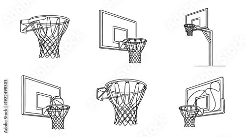 basketball hoop, 6 black delicate line drawings vector set collection , white background , PNG and SVG