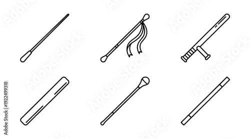 baton, 6 black delicate line drawings vector set collection , white background , PNG and SVG