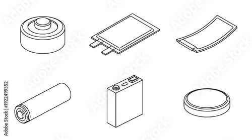 battery lithium, 6 black delicate line drawings vector set collection , white background , PNG and SVG