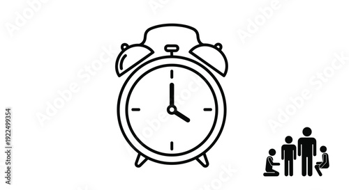 Simple alarm clock icon shown alongside a small family symbol for concepts of morning routine and time management.