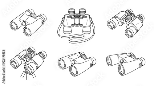 bird watching binoculars, 6 black delicate line drawings vector set collection , white background , PNG and SVG