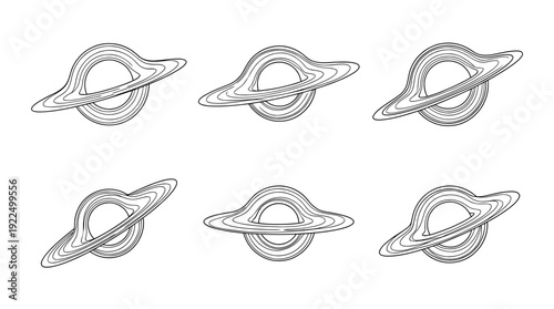 black hole, 6 black delicate line drawings vector set collection , white background , PNG and SVG