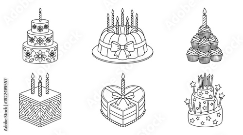 birthday cake, 6 black delicate line drawings vector set collection , white background , PNG and SVG