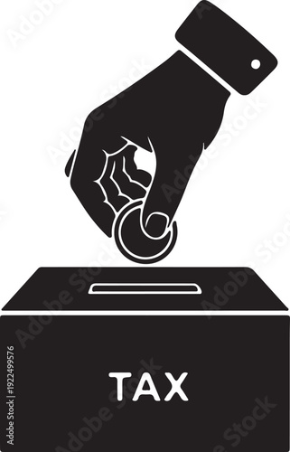Hand dropping coin into tax collection box symbolizing payment of taxes and financial responsibility