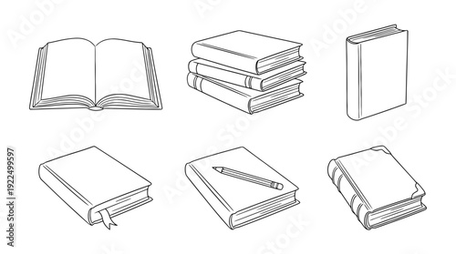 book, 6 black delicate line drawings vector set collection , white background , PNG and SVG