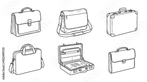 briefcase, 6 black delicate line drawings vector set collection , white background , PNG and SVG