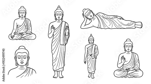 buddha statue, 6 black delicate line drawings vector set collection , white background , PNG and SVG
