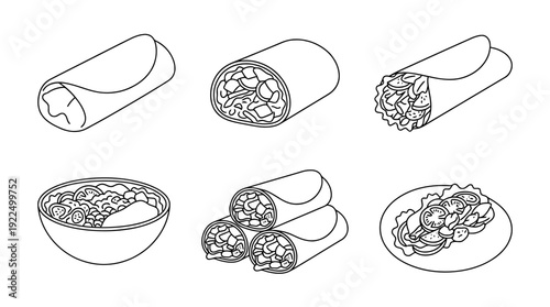 burrito, 6 black delicate line drawings vector set collection , white background , PNG and SVG
