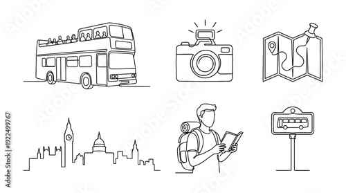 bus tour, 6 black delicate line drawings vector set collection , white background , PNG and SVG