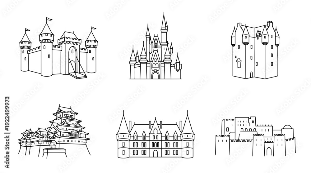 Obraz premium castle, 6 black delicate line drawings vector set collection , white background , PNG and SVG
