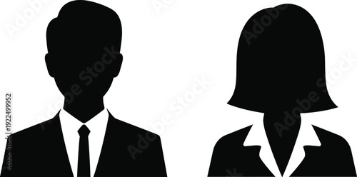 Business man and woman silhouette icons representing professional corporate team avatars isolated on white background