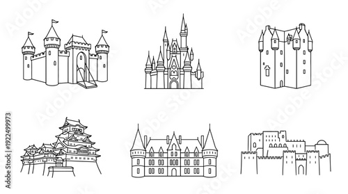 castle, 6 black delicate line drawings vector set collection , white background , PNG and SVG