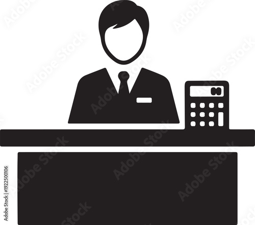 Professional receptionist sitting behind desk with calculator and name tag ready for customer service assistance