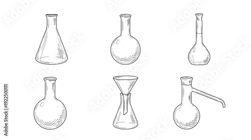 chemical flask, 6 black delicate line drawings vector set collection , white background , PNG and SVG