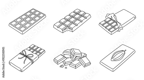 chocolate bar, 6 black delicate line drawings vector set collection , white background , PNG and SVG