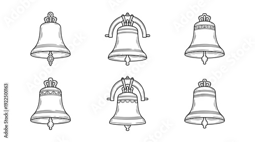 church bell, 6 black delicate line drawings vector set collection , white background , PNG and SVG