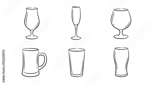 cider glass, 6 black delicate line drawings vector set collection , white background , PNG and SVG