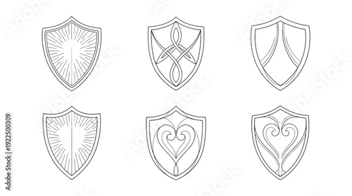 confidence shield, 6 black delicate line drawings vector set collection , white background , PNG and SVG