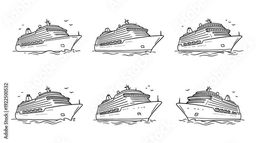 cruise ship, 6 black delicate line drawings vector set collection , white background , PNG and SVG