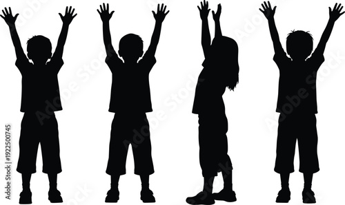 Kids raising hands silhouette set children standing cheering playful poses isolated vector illustration collection