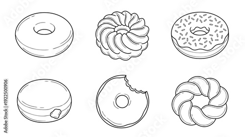 donut, 6 black delicate line drawings vector set collection , white background , PNG and SVG