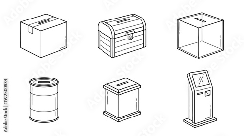 donation box, 6 black delicate line drawings vector set collection , white background , PNG and SVG