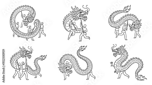 dragon dance, 6 black delicate line drawings vector set collection , white background , PNG and SVG