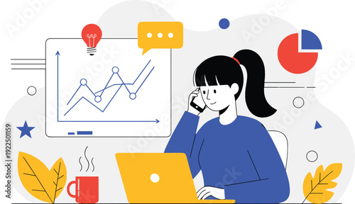 Businesswoman Analyzing Data on Laptop with Charts Graphs and Analytics Dashboard Vector Illustration