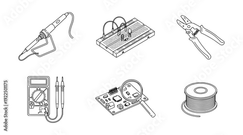 electronics diy, 6 black delicate line drawings vector set collection , white background , PNG and SVG